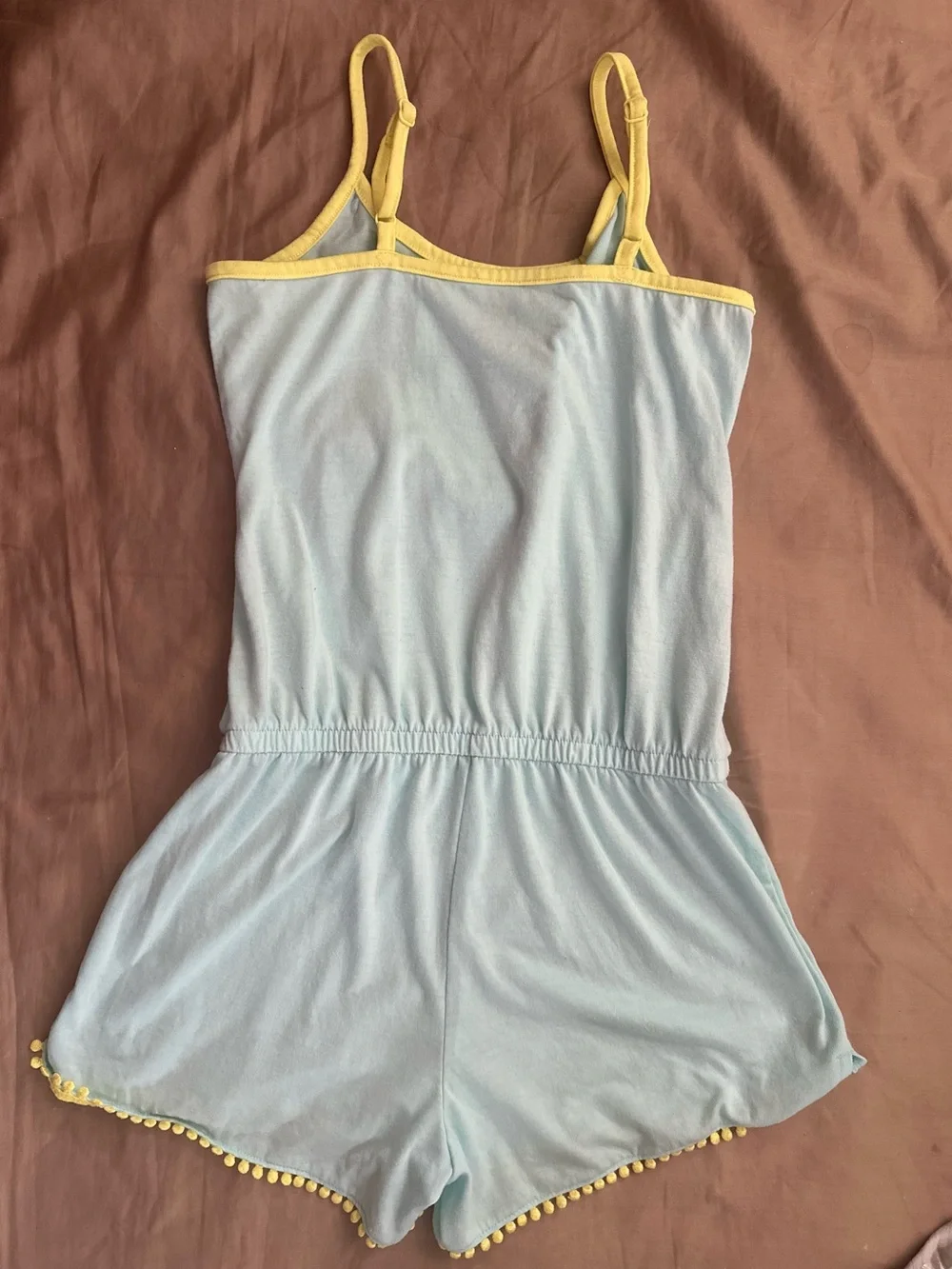 Light Blue Graphic Smiley Romper with Neon Tassled Trim | Size 12